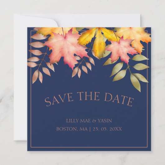 Rustikale Navy Blue Fall Herbst Leaves Hochzeit Save The Date (Vorderseite)