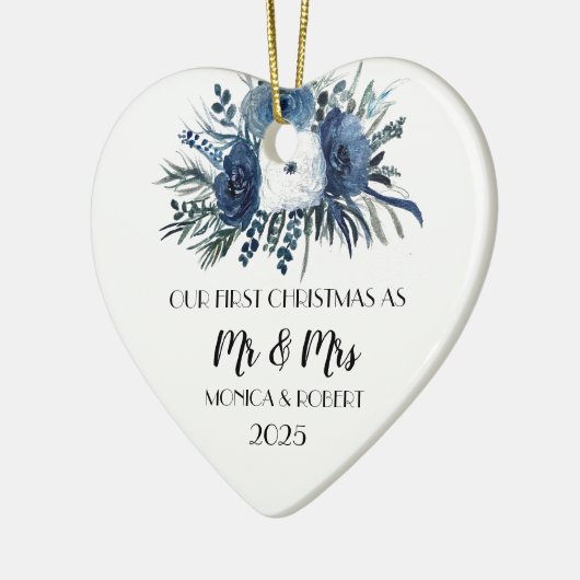 Rustikale Navy Blue Floral Rose Erste Weihnachten Keramik Ornament (Links)