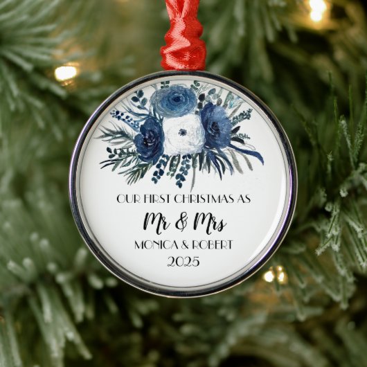 Rustikale Navy Blue Floral Rose Erste Weihnachten Ornament Aus Metall (Baum)