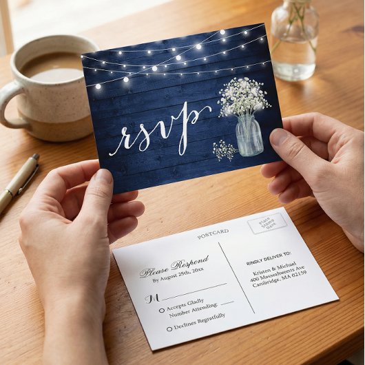 Rustikale Navy Blue Gipskraut String Lights UAWG Einladungspostkarte