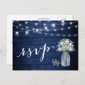 Rustikale Navy Blue Gipskraut String Lights UAWG Einladungspostkarte (Vorne/Hinten)
