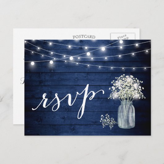 Rustikale Navy Blue Gipskraut String Lights UAWG Einladungspostkarte (Vorne/Hinten)