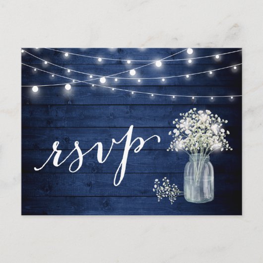 Rustikale Navy Blue Gipskraut String Lights UAWG Einladungspostkarte (Vorderseite)