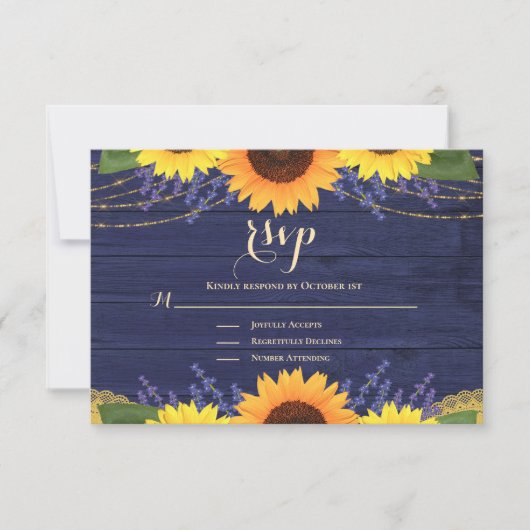 Rustikale Navy Blue Gold Lace Sonnenblume Hochzeit RSVP Karte (Vorderseite)