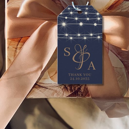 Rustikale Navy Blue & Gold String Lichter Geschenkanhänger