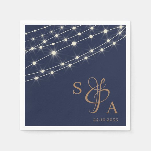 Rustikale Navy Blue & Gold String Lichter Serviette (Vorderseite)