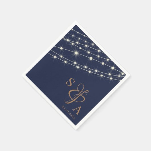 Rustikale Navy Blue & Gold String Lichter Serviette (Ecke)