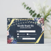 Rustikale Navy Blue Gold String Lights Hochzeit RSVP Karte (Stehend Vorderseite)