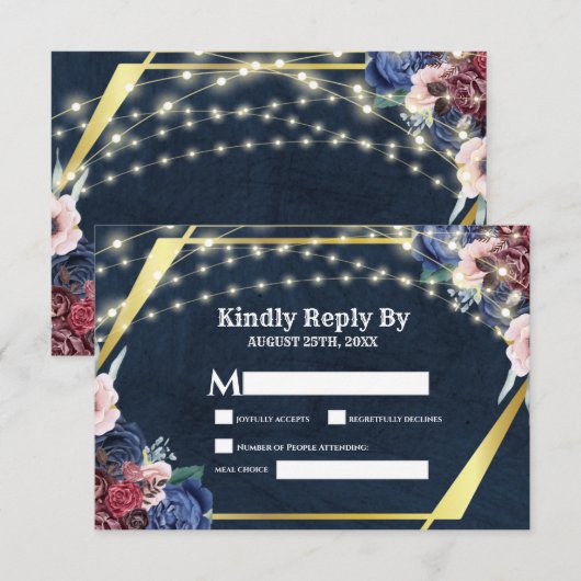 Rustikale Navy Blue Gold String Lights Hochzeit RSVP Karte (Vorne/Hinten)