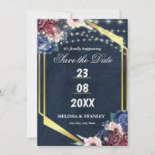 Rustikale Navy Blue Gold String Lights Hochzeit Save The Date (Vorderseite)