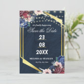 Rustikale Navy Blue Gold String Lights Hochzeit Save The Date (Stehend Vorderseite)