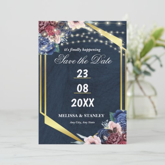 Rustikale Navy Blue Gold String Lights Hochzeit Save The Date (Stehend Vorderseite)