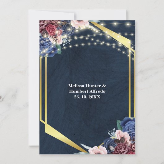 Rustikale Navy Blue Gold String Lights Hochzeit Save The Date (Rückseite)