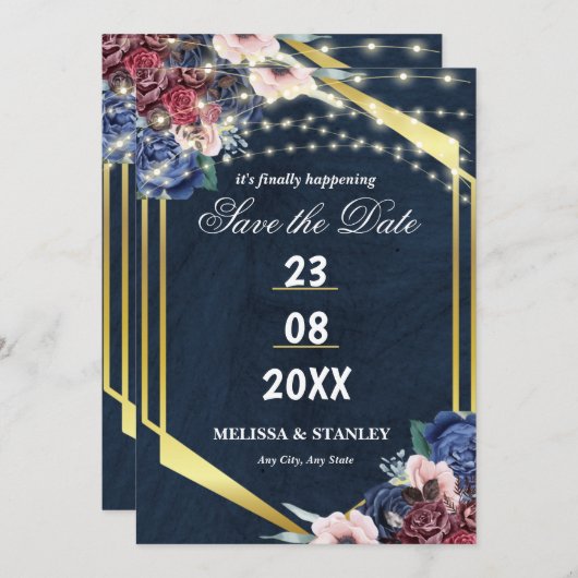 Rustikale Navy Blue Gold String Lights Hochzeit Save The Date (Vorne/Hinten)