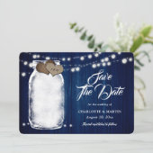 Rustikale Navy Blue Mason Jar String Lights Hochze Save The Date (Stehend Vorderseite)