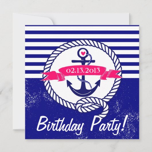 Rustikale Navy Blue Nautical Birthday Einladung (Vorderseite)