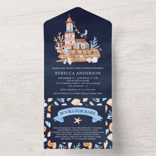 Rustikale Navy Blue Nautical Lighthouse Kinderdusc All In One Einladung (Innen Boden)