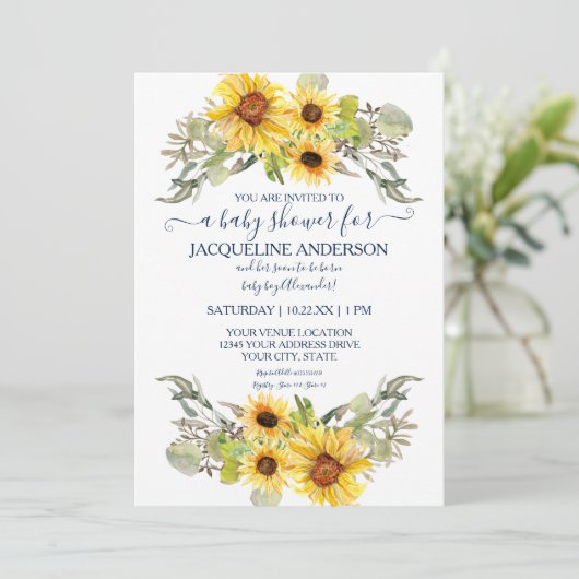 Rustikale Navy Blue Sonnenblume Blütenblume Baby D Einladung (Stehend Vorderseite)