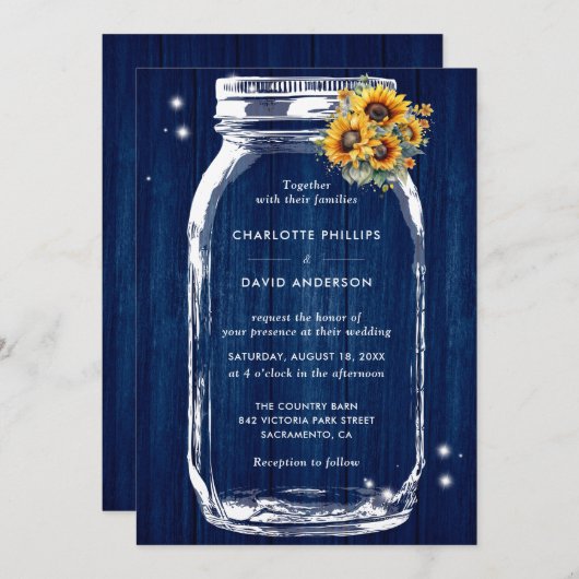 Rustikale Navy Blue Sonnenblume Mason Jar Wedding Einladung (Vorne/Hinten)
