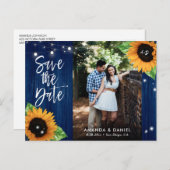 Rustikale Navy Blue Sonnenblume Save the Date Post Ankündigungspostkarte (Vorne/Hinten)
