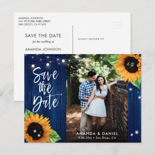 Rustikale Navy Blue Sonnenblume Save the Date Post Ankündigungspostkarte (Vorne/Hinten)