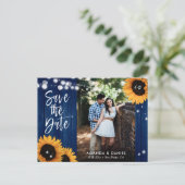 Rustikale Navy Blue Sonnenblume Save the Date Post Ankündigungspostkarte (Stehend Vorderseite)