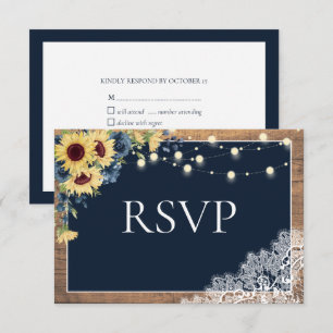 Rustikale Navy Blue Sonnenblumenblume Spitzen-Holz RSVP Karte