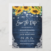 Rustikale Navy Blue Sonnenblumensaitenlichter Hoch Save The Date (Vorderseite)