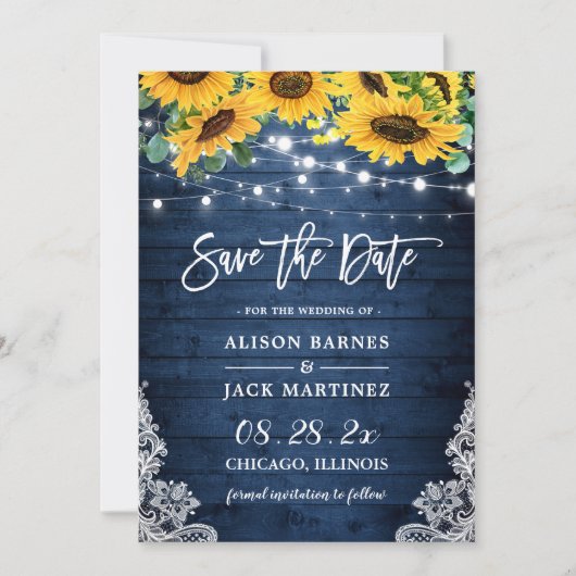 Rustikale Navy Blue Sonnenblumensaitenlichter Hoch Save The Date (Vorderseite)