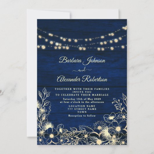 Rustikale Navy Blue String Lights Floral Wedding Einladung (Vorderseite)