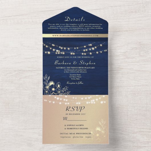 Rustikale Navy Blue String Lights Hochzeit All In One Einladung (Innen)