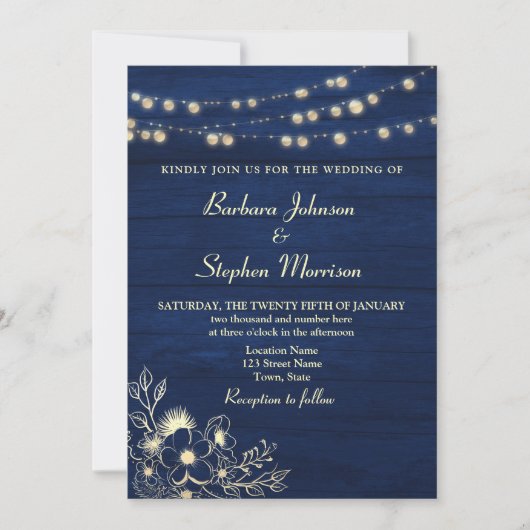 Rustikale Navy Blue String Lights Hochzeit Einladu Einladung (Vorderseite)