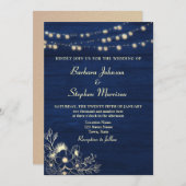 Rustikale Navy Blue String Lights Hochzeit Einladu Einladung (Vorne/Hinten)