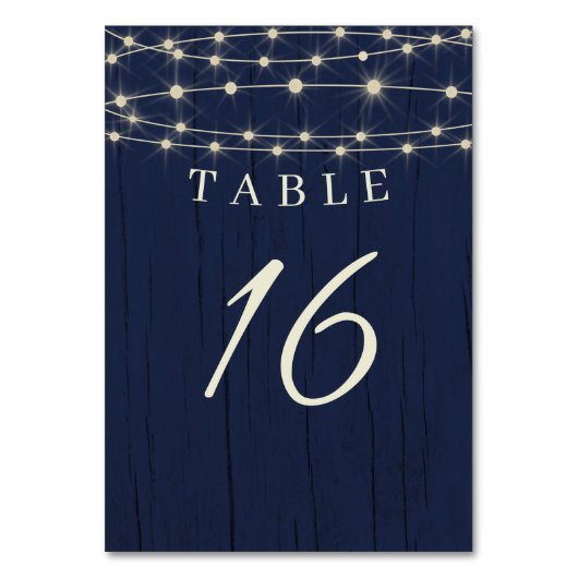 Rustikale Navy Blue String Lights Hochzeit Tischnummer (Vorderseite)
