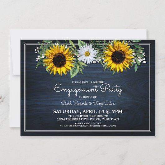 Rustikale Navy Blue Sunflower|Daisy Engagement Par Einladung (Vorderseite)
