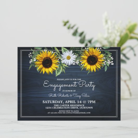 Rustikale Navy Blue Sunflower|Daisy Engagement Par Einladung (Stehend Vorderseite)