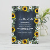 Rustikale Navy Blue Sunflower|Daisy Save the Date Einladung (Stehend Vorderseite)