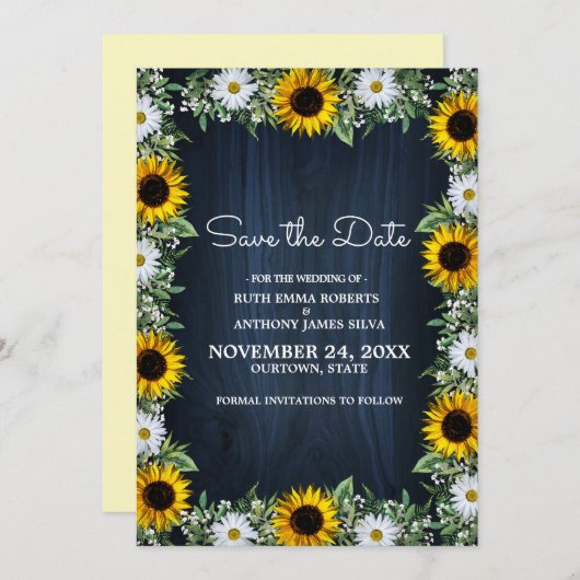 Rustikale Navy Blue Sunflower|Daisy Save the Date Einladung (Vorne/Hinten)