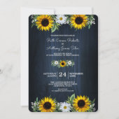 Rustikale Navy Blue Sunflower|Daisy Wedding Einladung (Vorderseite)