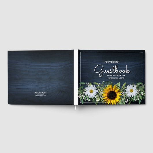 Rustikale Navy Blue Sunflower|Daisy Wedding Gästebuch (Voll)