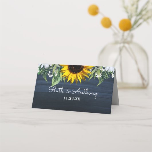 Rustikale Navy Blue Sunflower|Daisy Wedding Platzkarte (Rückseite)