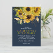 Rustikale Navy Blue Sunflower & Gold Confetti Wedd Einladung (Stehend Vorderseite)