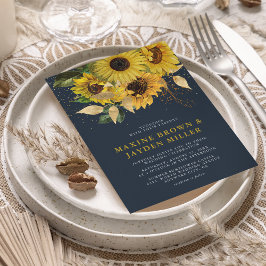 Rustikale Navy Blue Sunflower & Gold Confetti Wedd Einladung