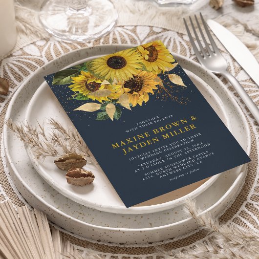 Rustikale Navy Blue Sunflower & Gold Confetti Wedd Einladung