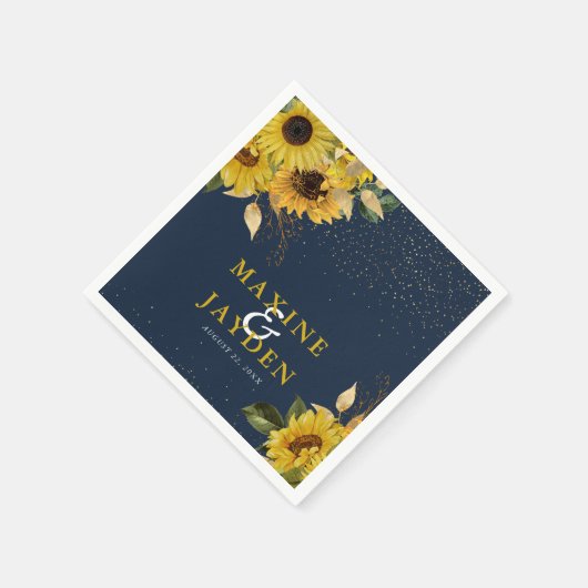 Rustikale Navy Blue Sunflower & Gold Confetti Wedd Serviette (Ecke)