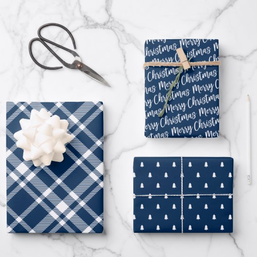 Rustikale Navy Blue Tartan Kariert Frohe Weihnacht Geschenkpapier Set (Vorderseite)