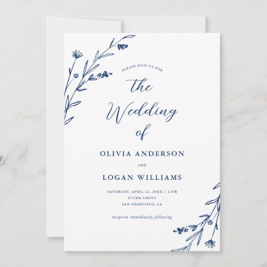 Rustikale Navy Blue Wildblume Boho Wedding Einladung (Vorderseite)