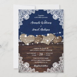 Rustikale Navy Blue Wood Burlap Lace Hochzeit Einladung