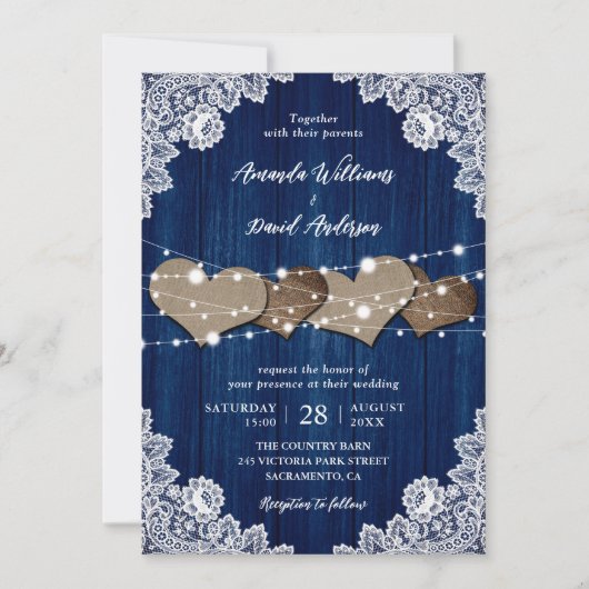 Rustikale Navy Blue Wood Burlap Lace Hochzeit Einladung (Vorderseite)