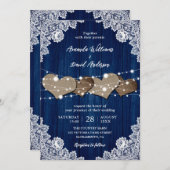 Rustikale Navy Blue Wood Burlap Lace Hochzeit Einladung (Vorne/Hinten)